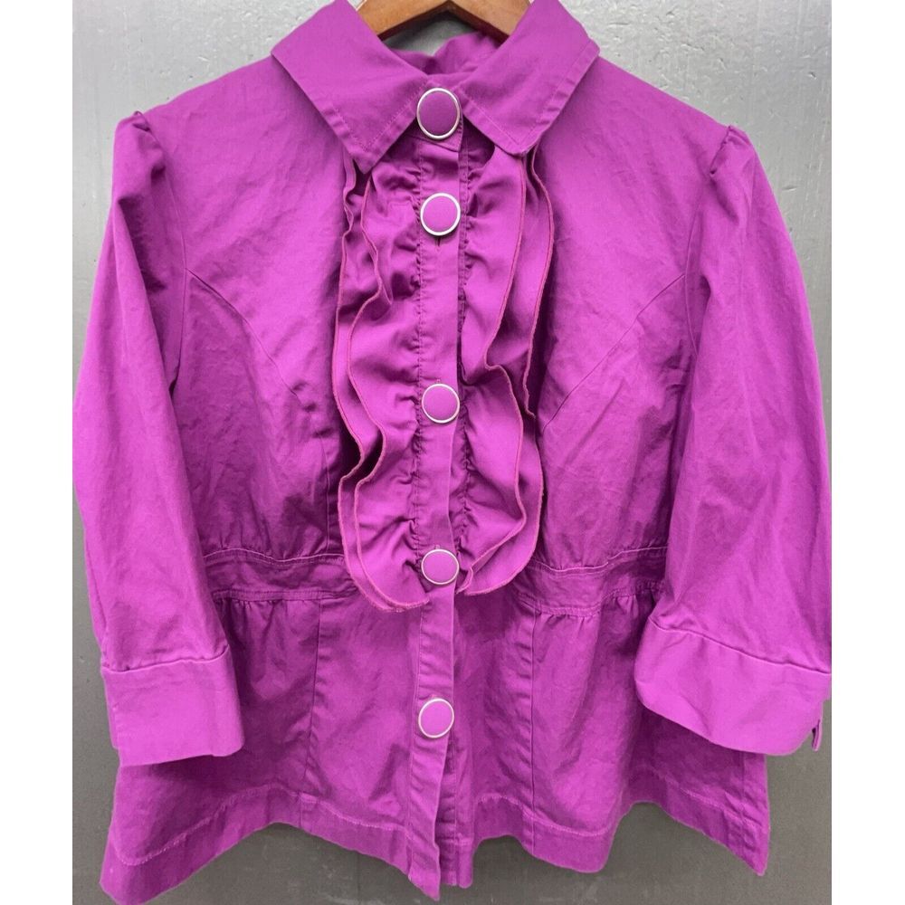 Lane Bryant Shacket 16 Purple Ruffle Button Cotton Stretch 3/4 Sleeve Top Blouse - Picture 2 of 13